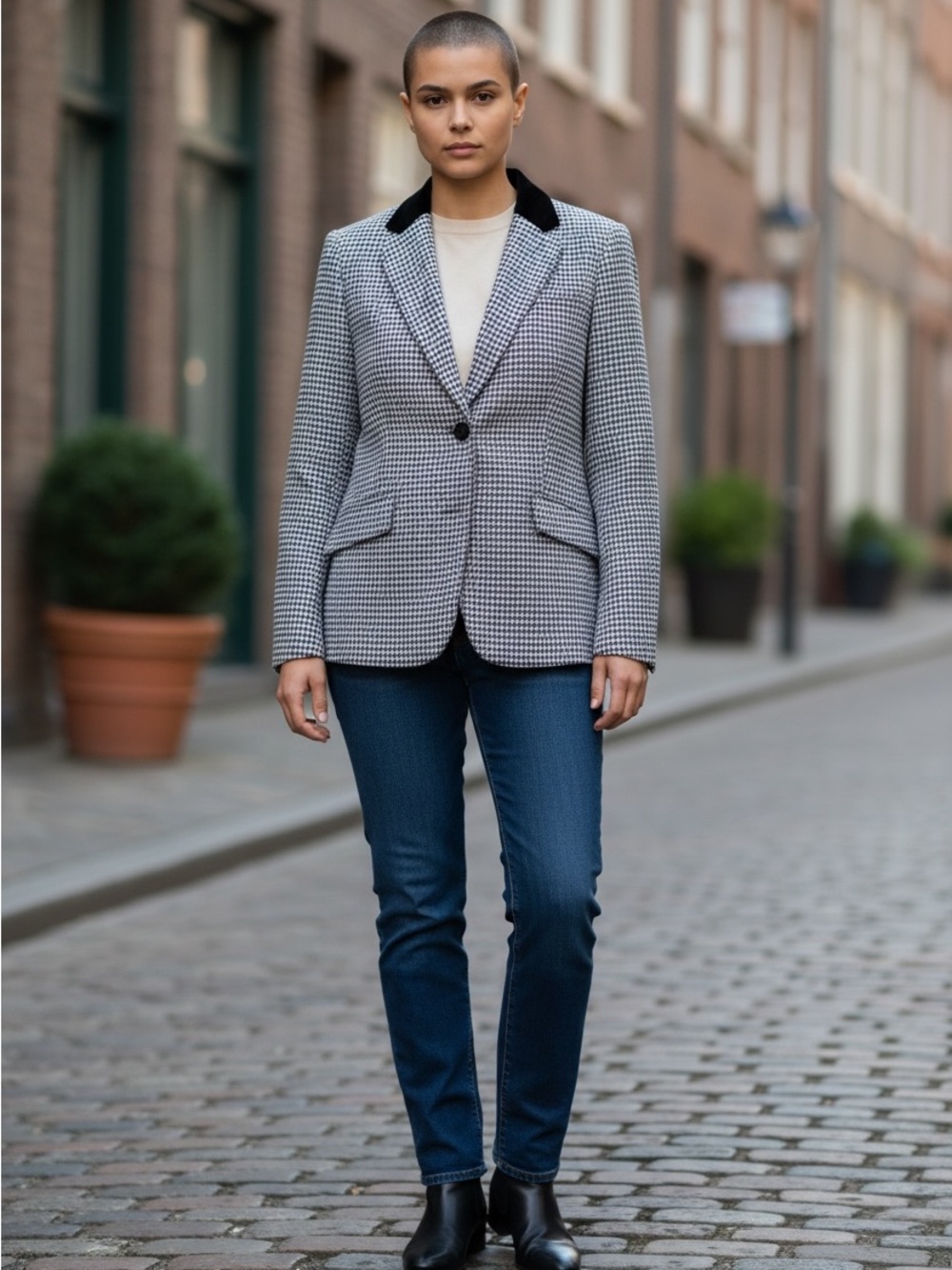 Tailored Houndstooth Two-Button Blazer with Black Contrast Collar (Size 12P)